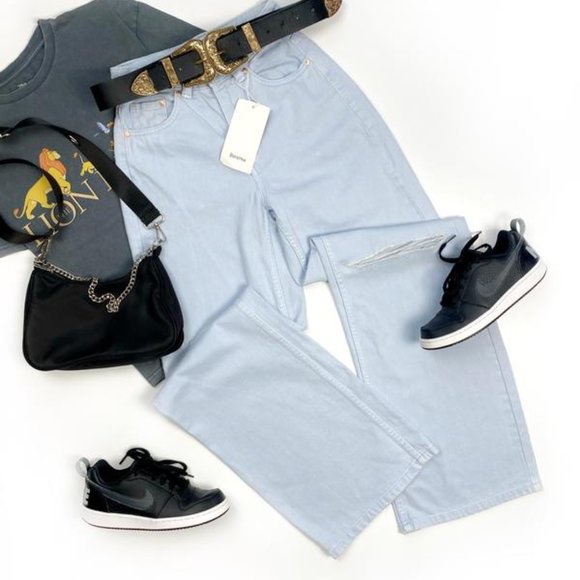 NWT BERSHKA Women Wide Leg Light Blue Jeans w Rips Waist 24" - Picture 11 of 12